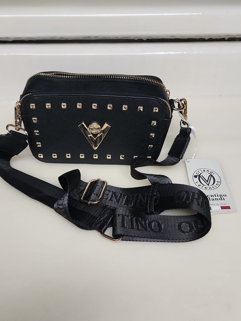 Valentino Orlandi Black Leather Studded Camera Bag with Gold Hardware